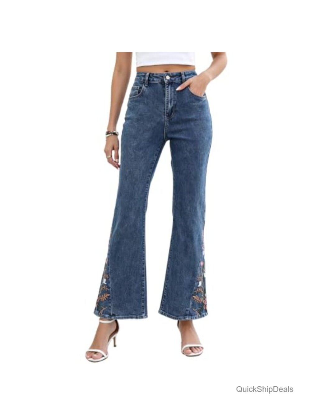 High Waisted Floral Embroidered Bell Bottom Jeans Cotton Cropped Wide Leg